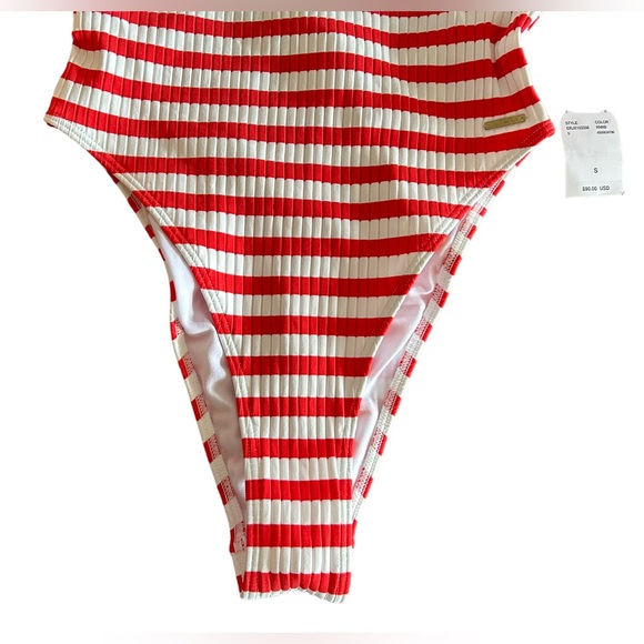 ROXY Hello July one piece red white stripes swimsuit high cut cheeky bottom NWT - Picture 3 of 9